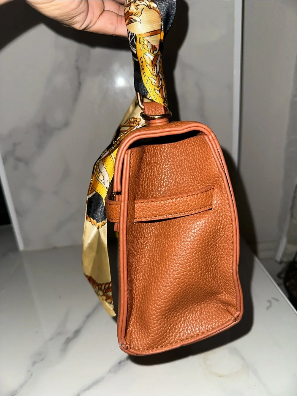 Classic Tan Top-Handle Women's Bag with Silk Scarf Accent